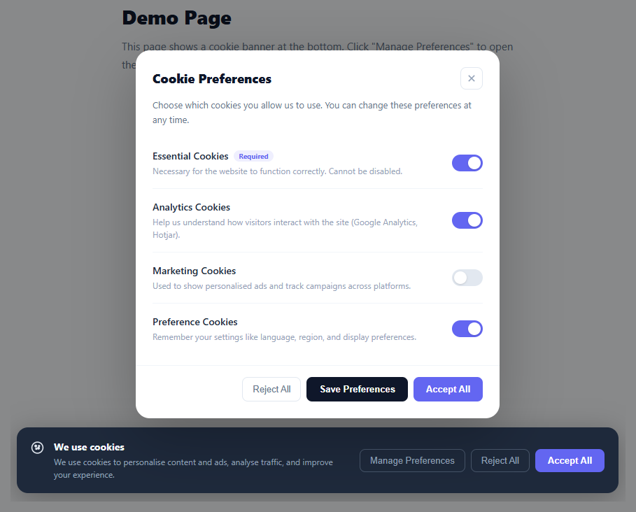 Screenshot of the Cookie Preferences snippet rendered live