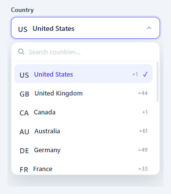 Screenshot of the Country Selector snippet rendered live