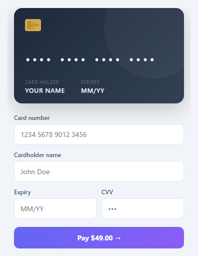 Screenshot of the Credit Card Form snippet rendered live