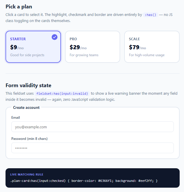 Screenshot of the CSS :has() Selector Playground snippet rendered live