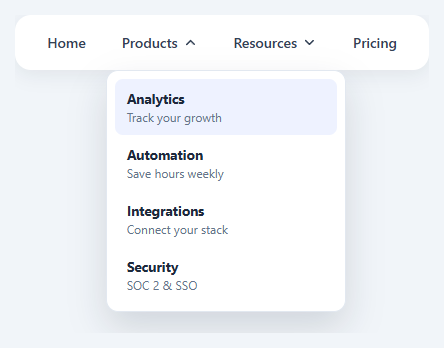Screenshot of the CSS Hover Dropdown Menu snippet rendered live