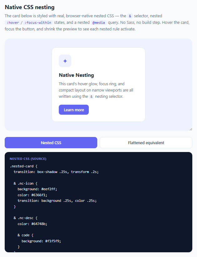 Screenshot of the Native CSS Nesting Playground snippet rendered live
