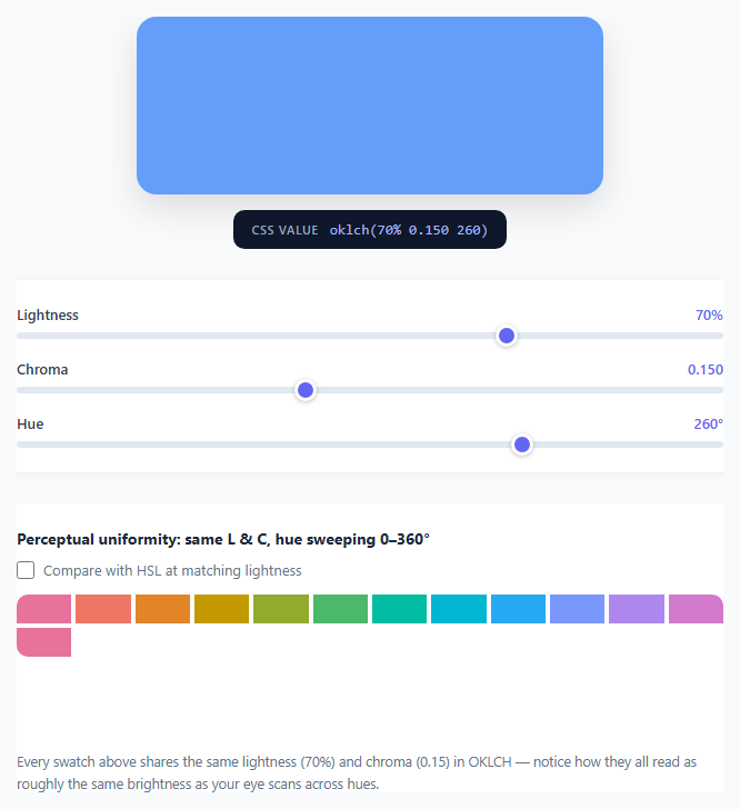 Screenshot of the OKLCH Color Picker & Playground snippet rendered live