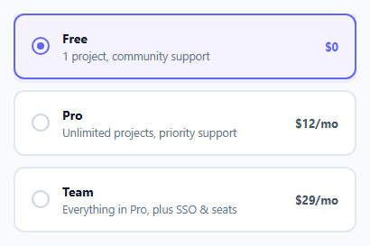 Screenshot of the Styled Radio Buttons — CSS Only Plan Selector (No JavaScript) snippet rendered live