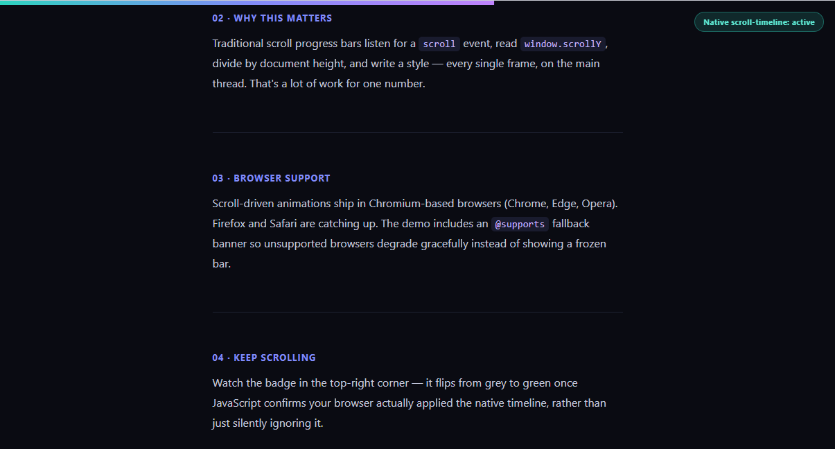 Screenshot of the CSS Scroll-Driven Progress Bar snippet rendered live