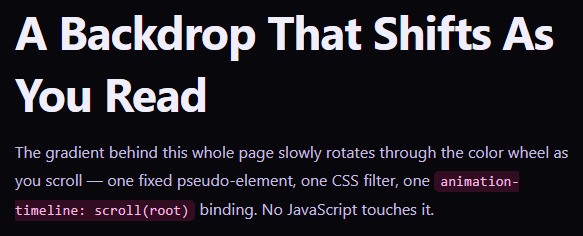 Screenshot of the Hue-Rotating Scroll Background snippet rendered live