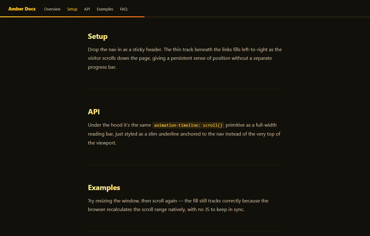 Screenshot of the Scroll Timeline Nav Progress Indicator snippet rendered live