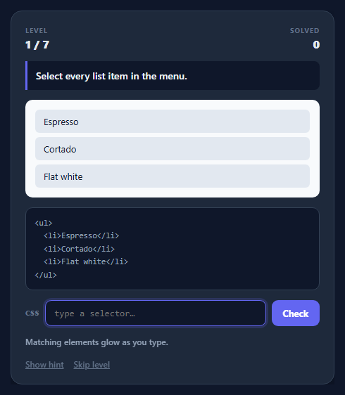 CSS Selector Challenge Game