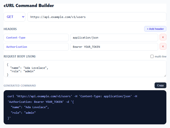 Screenshot of the cURL Command Builder snippet rendered live