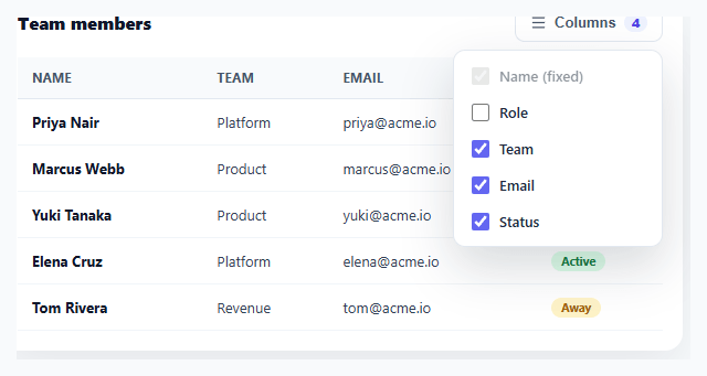Screenshot of the Data Table Column Toggle snippet rendered live
