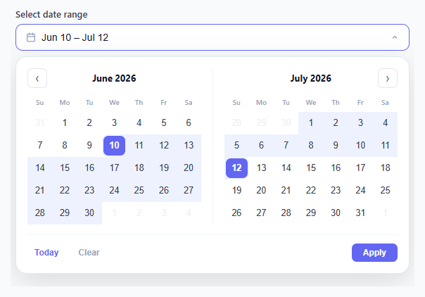 Screenshot of the Date Range Picker snippet rendered live