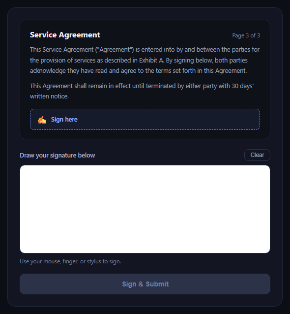 Screenshot of the Document E-Signature Flow snippet rendered live
