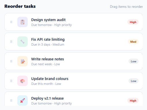Screenshot of the Drag to Sort List snippet rendered live
