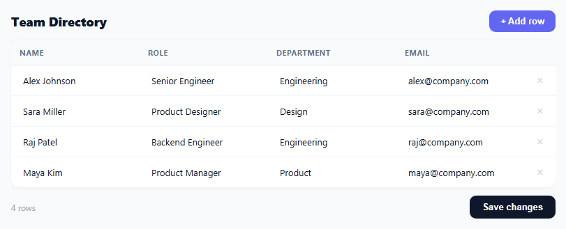 Screenshot of the Editable Table snippet rendered live
