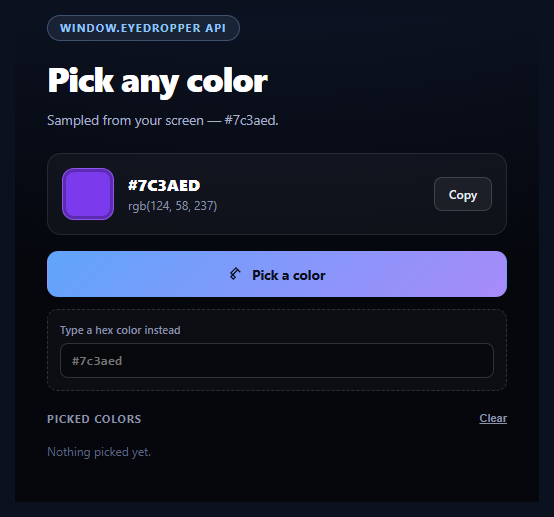 Screenshot of the EyeDropper Color Picker snippet rendered live