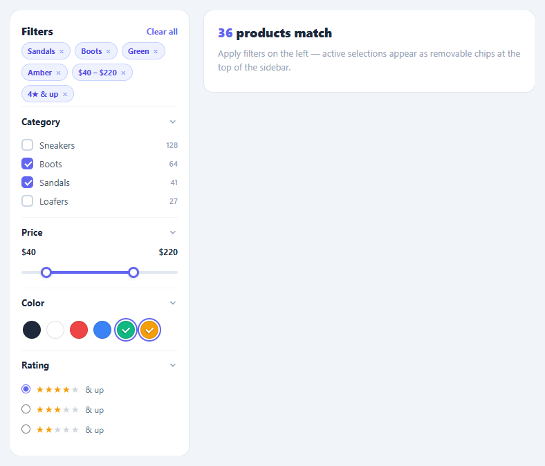 Screenshot of the Faceted Filter Sidebar snippet rendered live