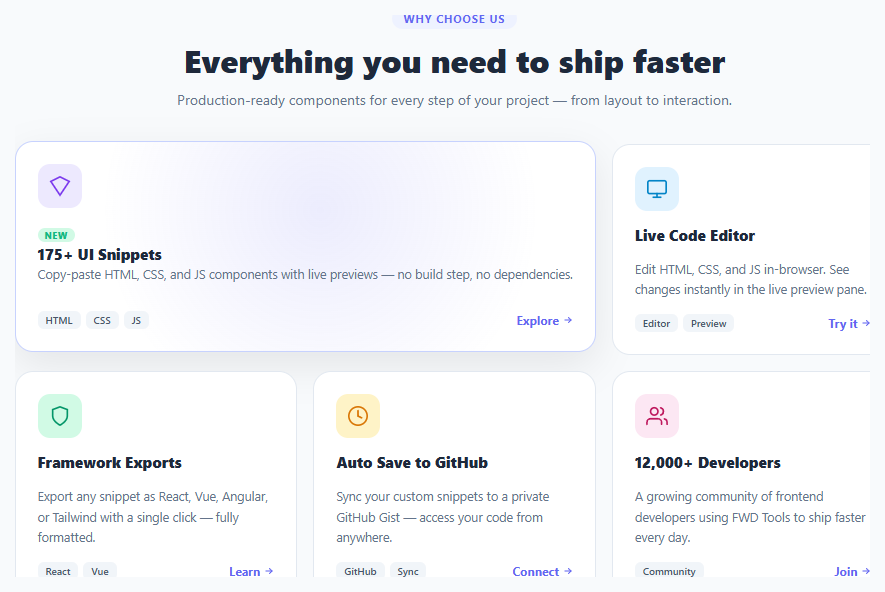 Screenshot of the Feature Highlight Cards snippet rendered live