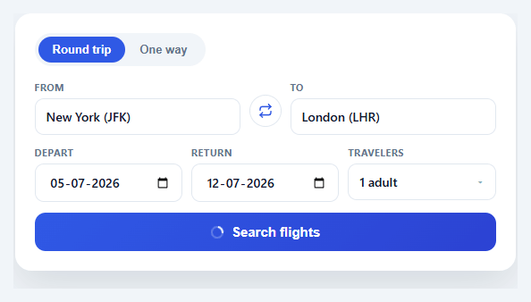 Screenshot of the Flight Search Form snippet rendered live