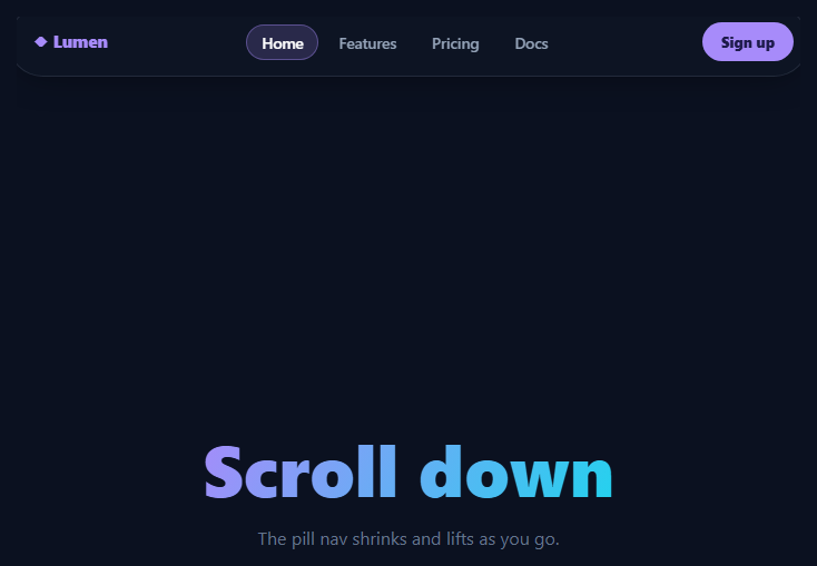 Screenshot of the Floating Pill Nav snippet rendered live