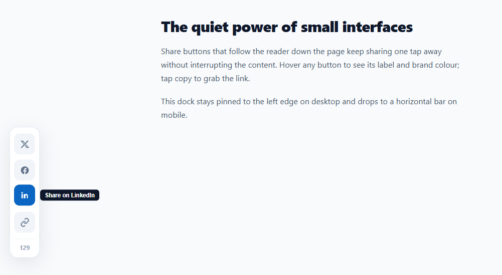 Screenshot of the Floating Share Dock snippet rendered live