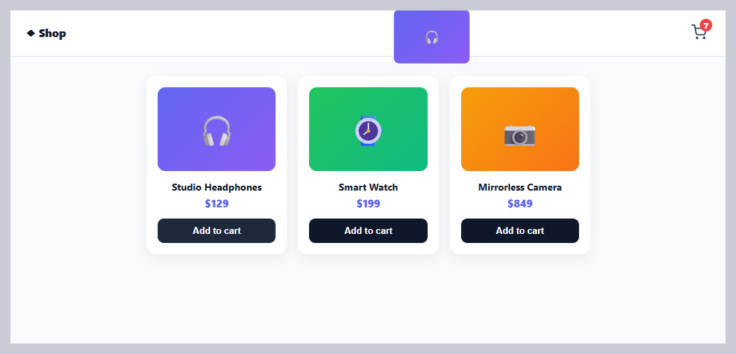 Screenshot of the Fly to Cart Button snippet rendered live