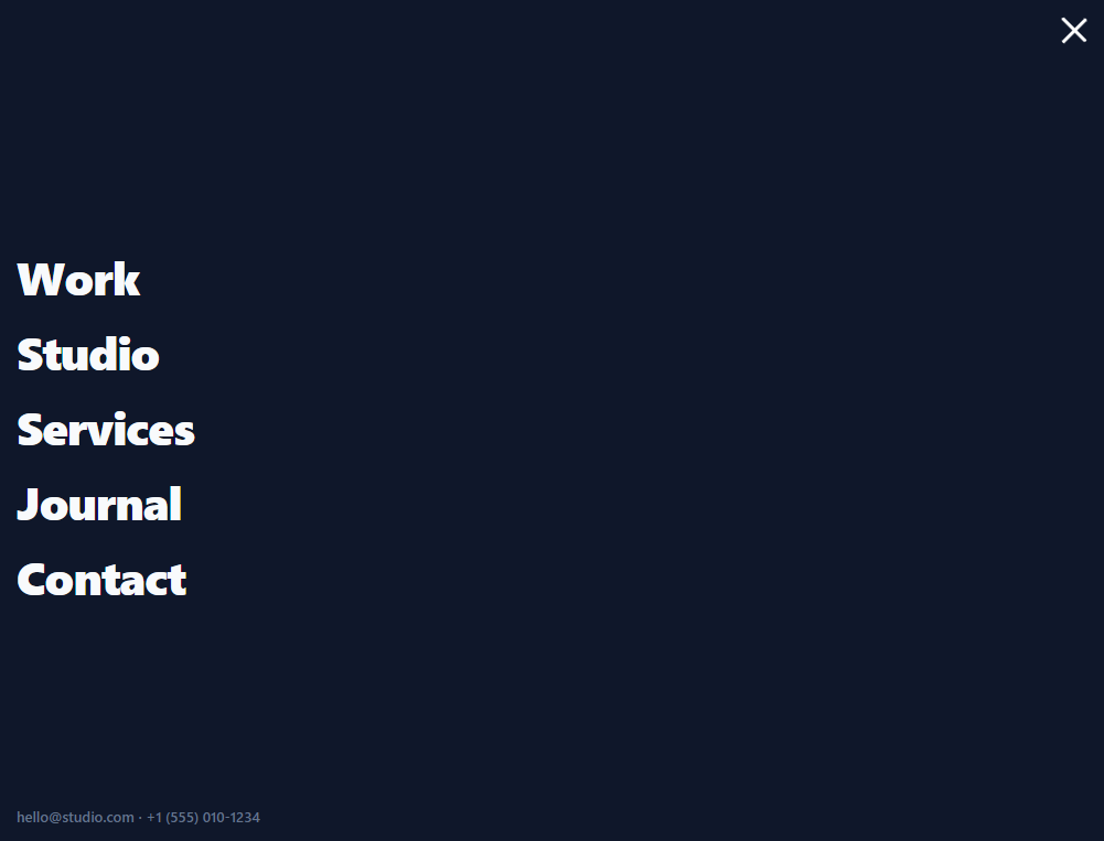 Screenshot of the Fullscreen Menu snippet rendered live