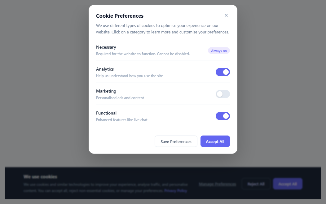 Screenshot of the GDPR Consent Manager snippet rendered live