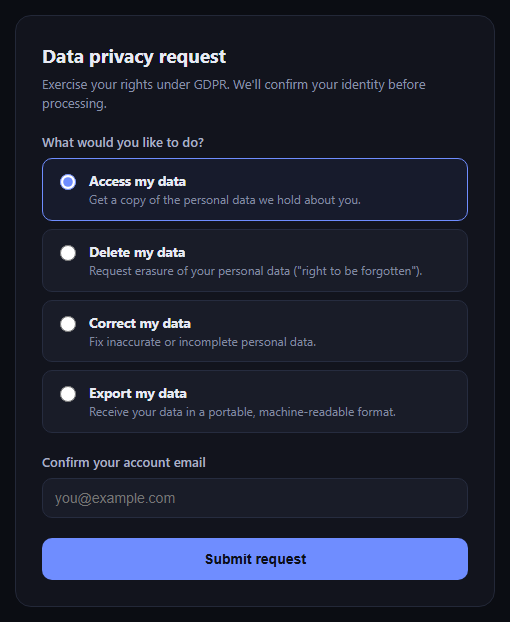 Screenshot of the GDPR Data Request Form snippet rendered live