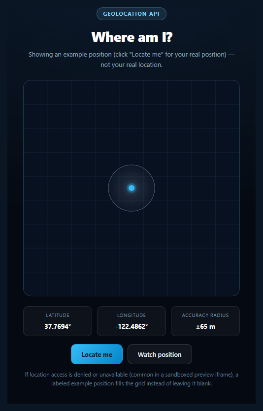 Screenshot of the Geolocation Accuracy Indicator snippet rendered live
