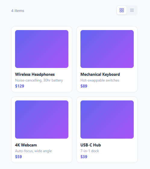 Screenshot of the Grid / List View Toggle snippet rendered live