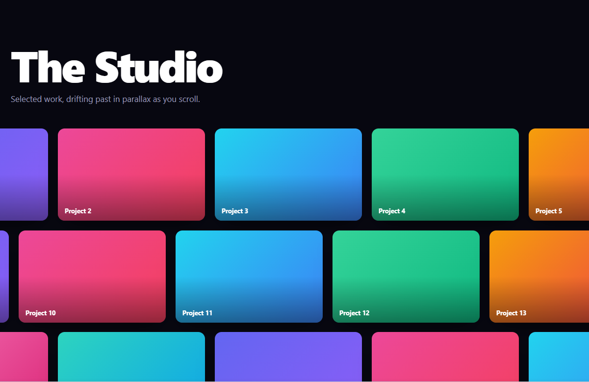 Screenshot of the Hero Parallax Grid snippet rendered live