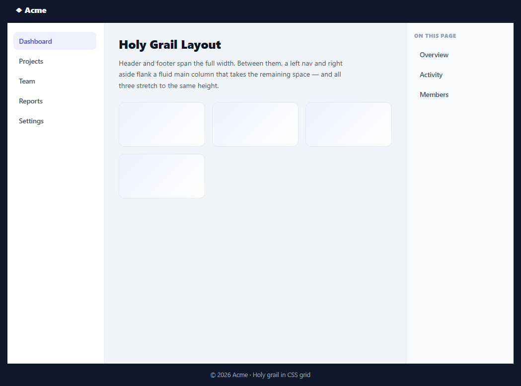 Screenshot of the Holy Grail Layout snippet rendered live