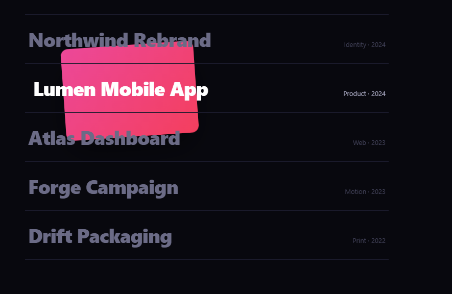 Screenshot of the Hover Reveal List snippet rendered live