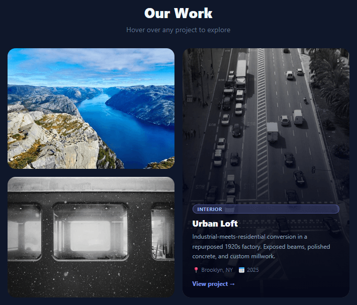 Screenshot of the Image Hover Reveal Cards snippet rendered live
