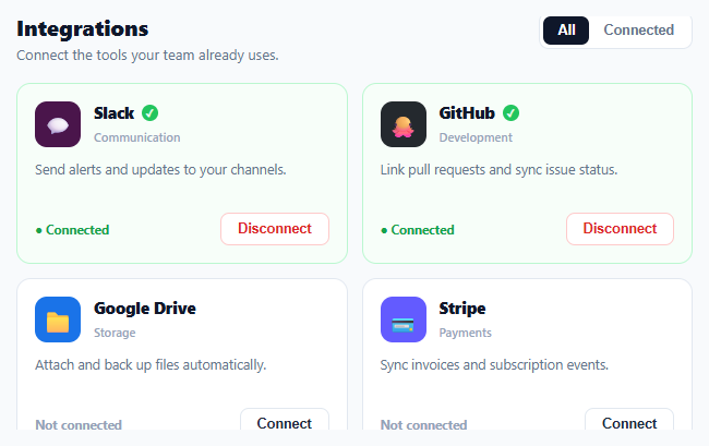 Screenshot of the Integration Cards snippet rendered live