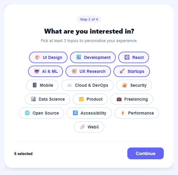 Screenshot of the Interest Selector snippet rendered live
