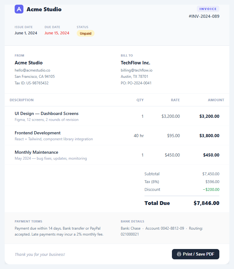 Screenshot of the Invoice Preview snippet rendered live