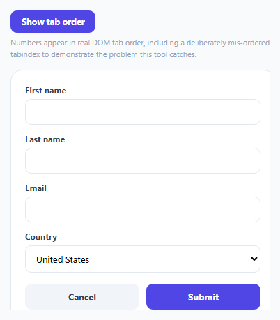 Keyboard Focus Order Debugger — Numbered Tab-Order Overlay