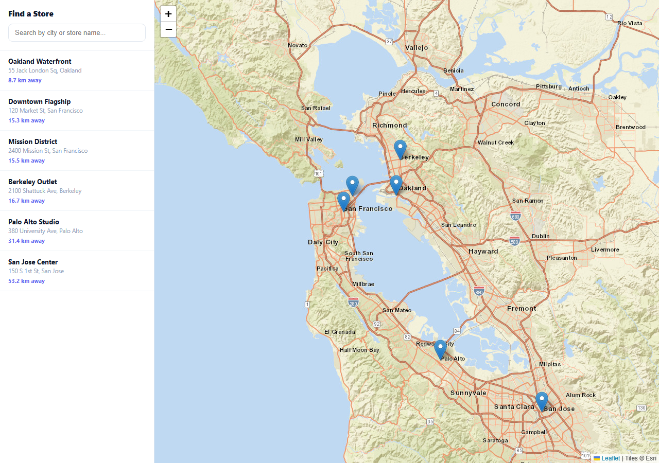 Screenshot of the Leaflet Store Locator with Search snippet rendered live