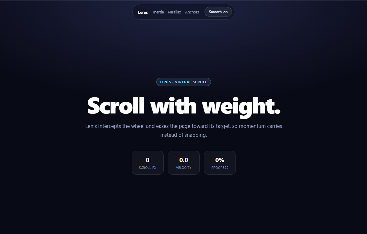 Screenshot of the Lenis Smooth Scroll Page snippet rendered live