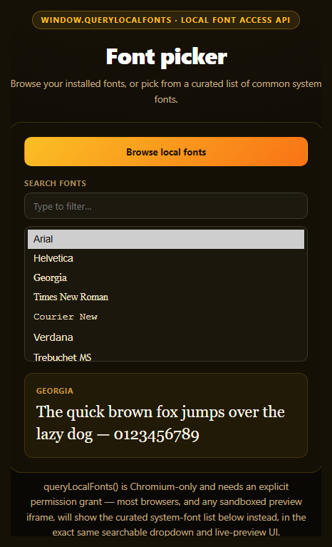 Screenshot of the Local Font Access Picker snippet rendered live