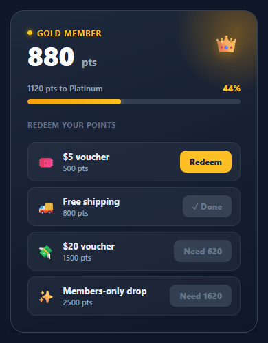 Screenshot of the Loyalty Points Widget snippet rendered live