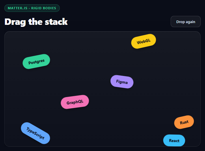 Screenshot of the Matter.js Falling Tags snippet rendered live