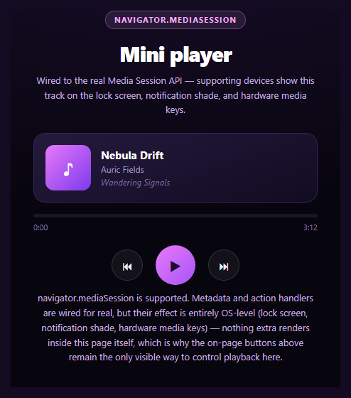 Screenshot of the Media Session API Controls snippet rendered live