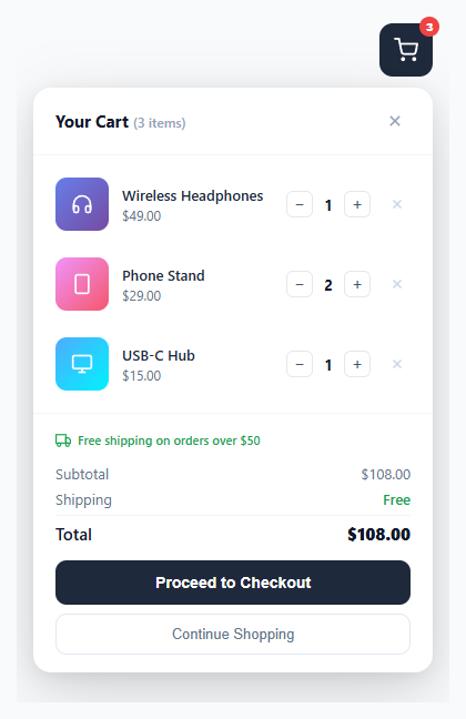 Screenshot of the Mini Cart snippet rendered live