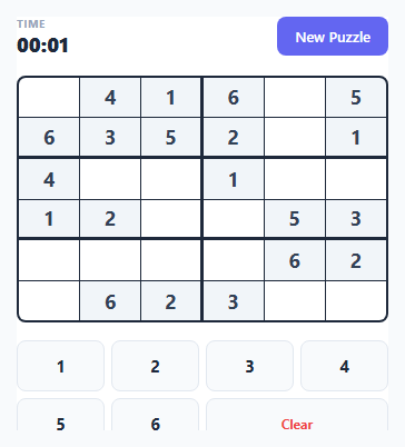 Mini Sudoku Puzzle (6x6)