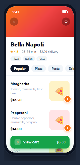 Mobile Food Order Screen