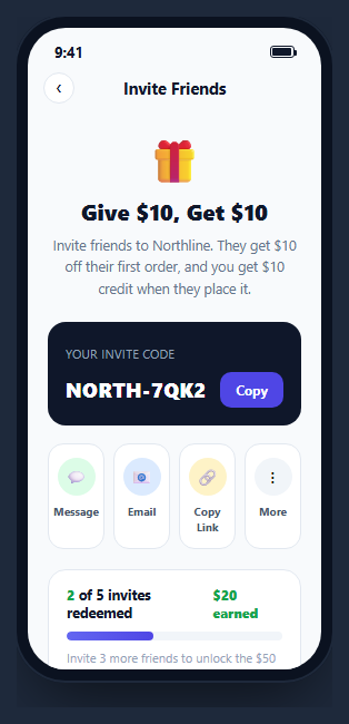 Screenshot of the Mobile Referral & Invite Friends Screen snippet rendered live