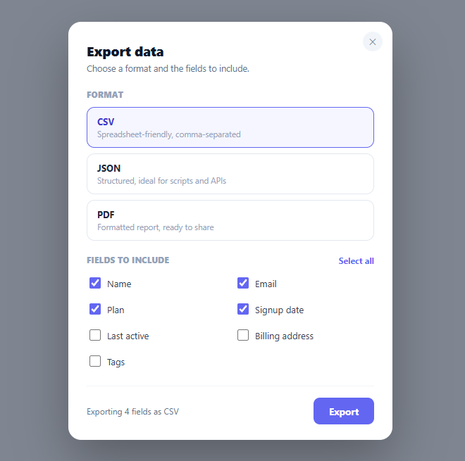 Export Data Modal with Format and Field Picker