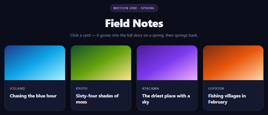 Screenshot of the Motion One Spring Card Expand snippet rendered live